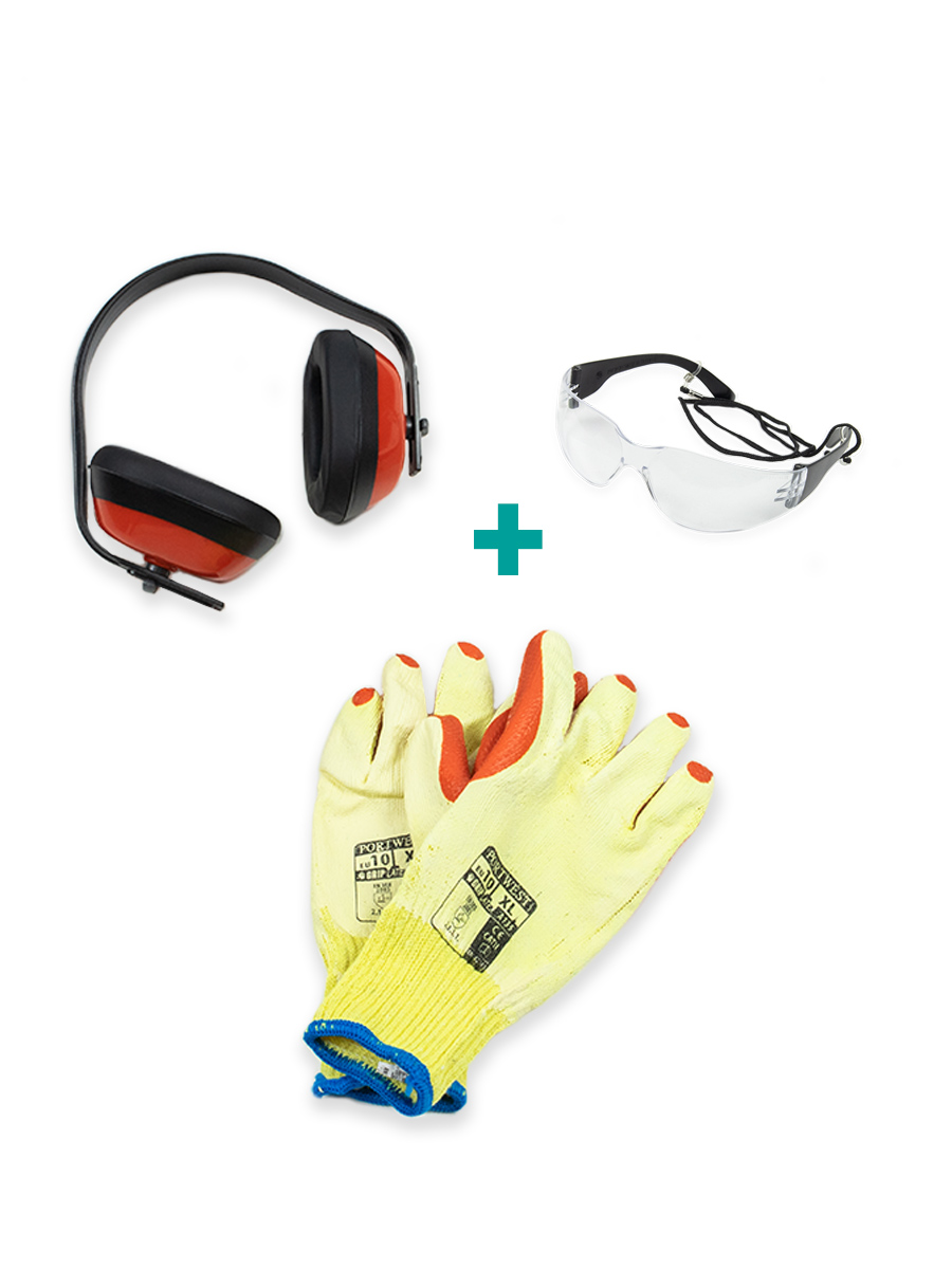 Veiligheidsset (PBM Kit): Werkhandschoenen + Oorkappen + Veiligheidsbril