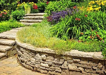 Mediterranen Garten mit Gartenmauer und Pflanzen / Blumen