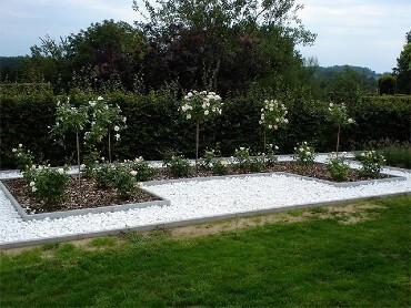 Jardín con piedras blancas y cesped